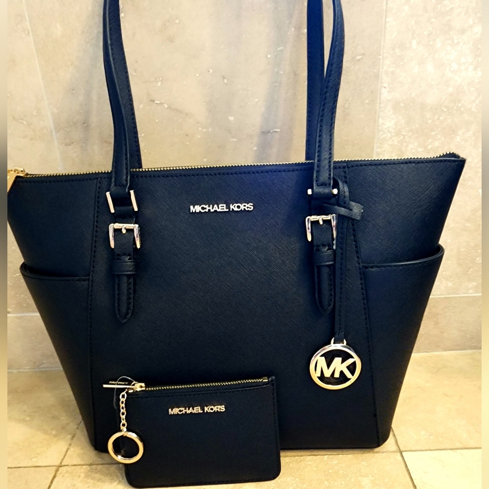Michael Kors Charlotte Large Saffiano Leather Tote Black with small wallet